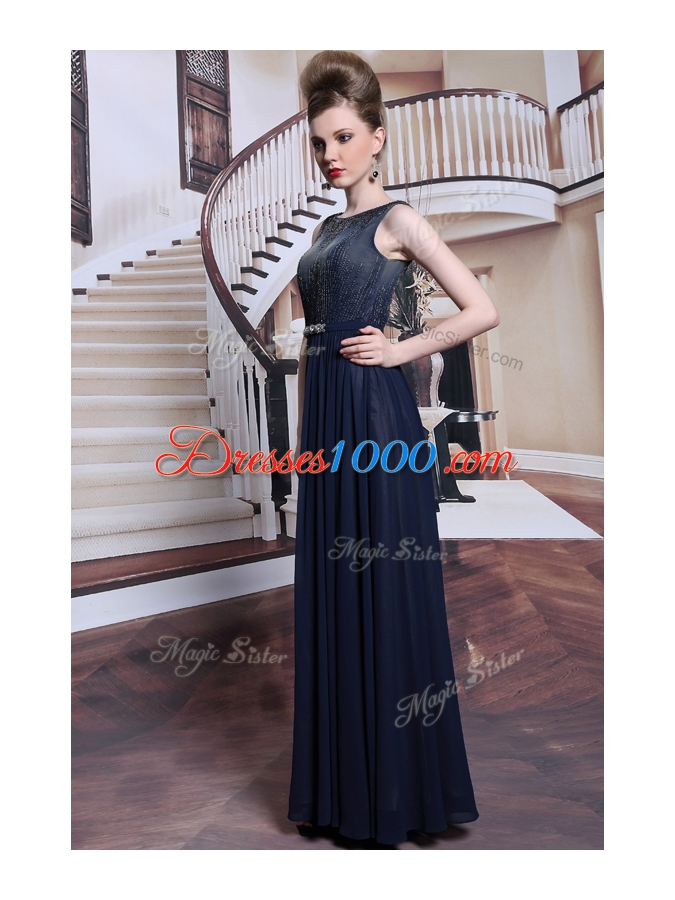 Elegant Floor Length Navy Blue Homecoming Dress Bateau Sleeveless Zipper