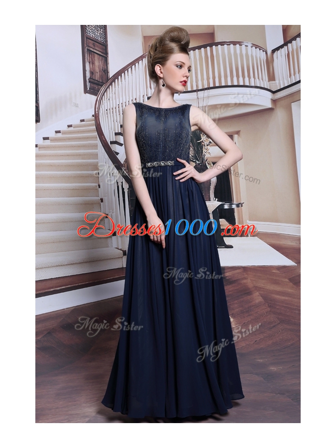 Elegant Floor Length Navy Blue Homecoming Dress Bateau Sleeveless Zipper