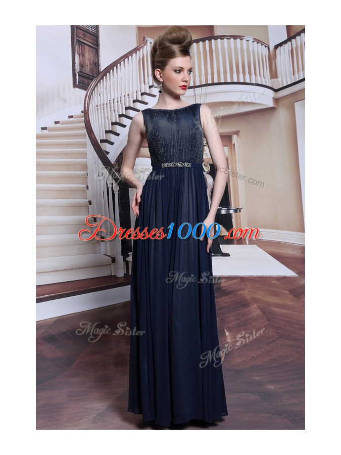 Elegant Floor Length Navy Blue Homecoming Dress Bateau Sleeveless Zipper