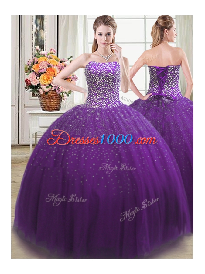 Extravagant Four Piece Purple Ball Gowns Sweetheart Sleeveless Tulle Floor Length Lace Up Beading Quinceanera Gown