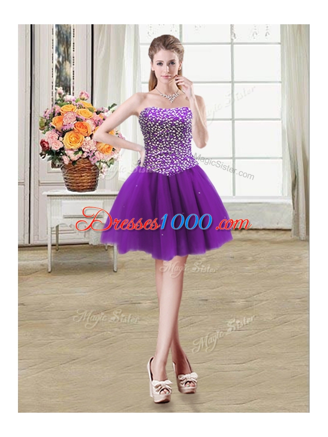 Extravagant Four Piece Purple Ball Gowns Sweetheart Sleeveless Tulle Floor Length Lace Up Beading Quinceanera Gown