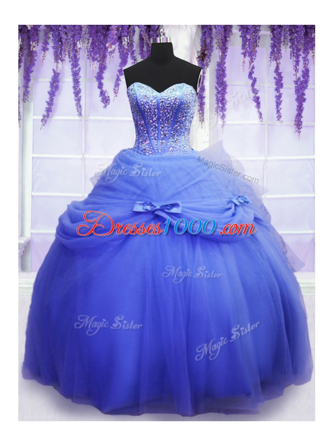 Fitting Three Piece Sleeveless Beading and Bowknot Lace Up Quince Ball Gowns