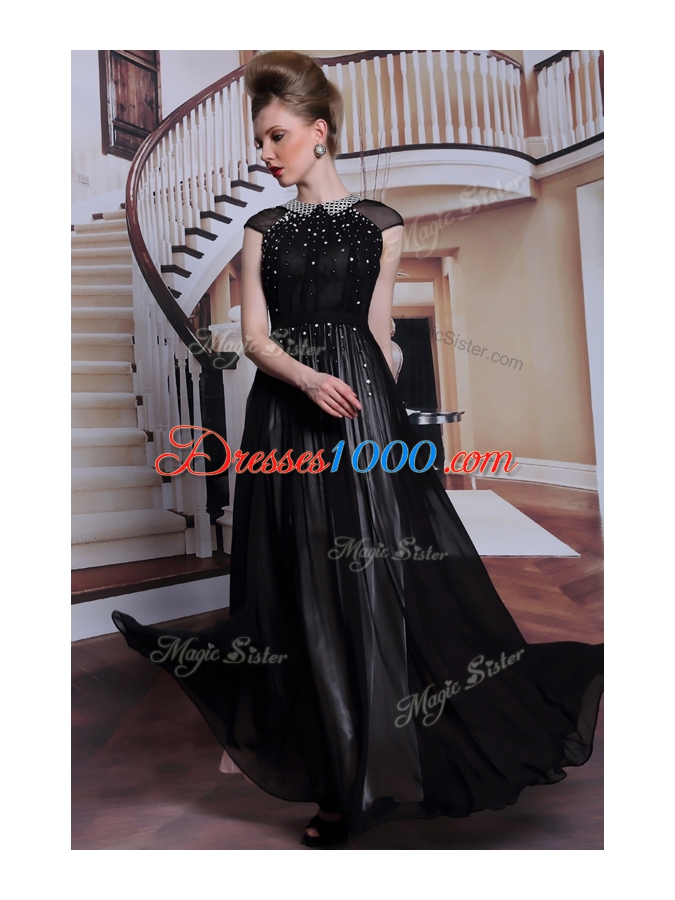 Free and Easy Scoop Sleeveless Zipper Dress for Prom Black Chiffon