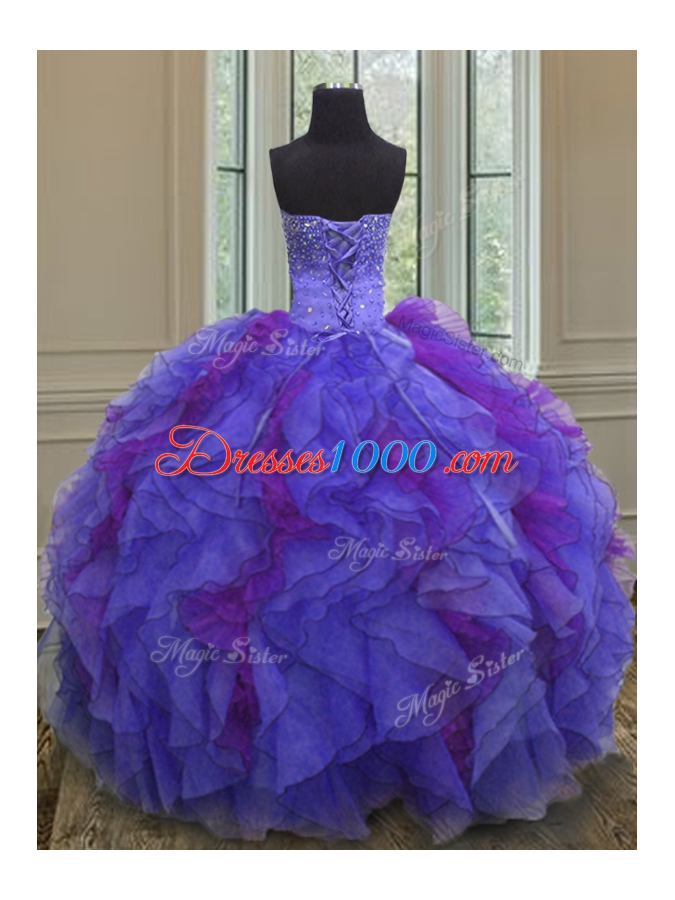 Glittering Halter Top Sleeveless Floor Length Beading and Ruffles Lace Up Quinceanera Gowns with Multi-color