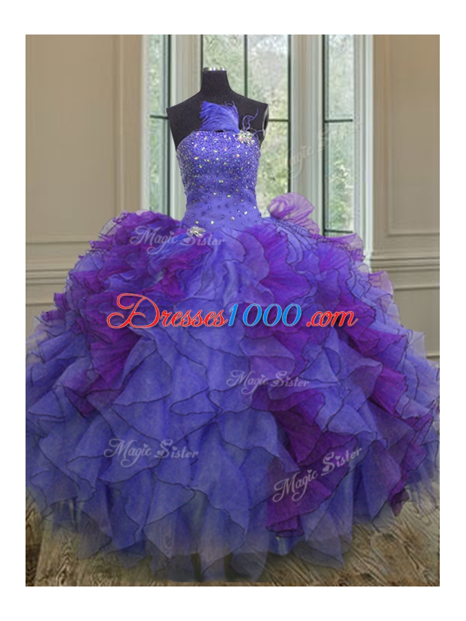 Glittering Halter Top Sleeveless Floor Length Beading and Ruffles Lace Up Quinceanera Gowns with Multi-color