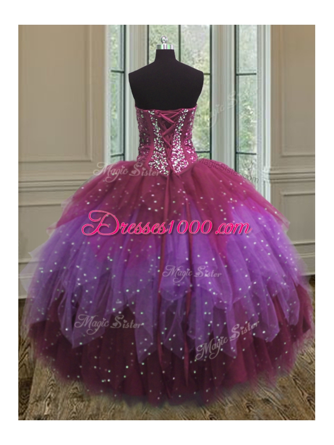 High Class Tulle Sweetheart Sleeveless Lace Up Beading and Ruffles and Sequins 15 Quinceanera Dress in Multi-color
