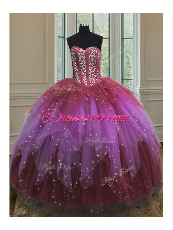 High Class Tulle Sweetheart Sleeveless Lace Up Beading and Ruffles and Sequins 15 Quinceanera Dress in Multi-color