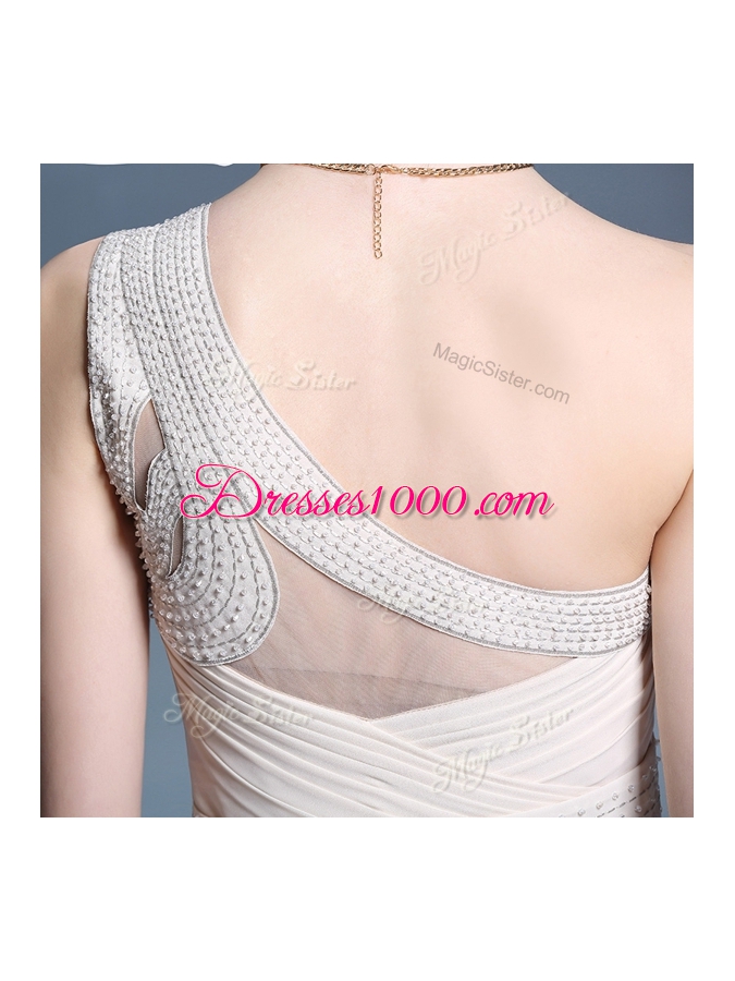 Hot Sale Champagne Chiffon Side Zipper One Shoulder Sleeveless Floor Length Beading and Ruching