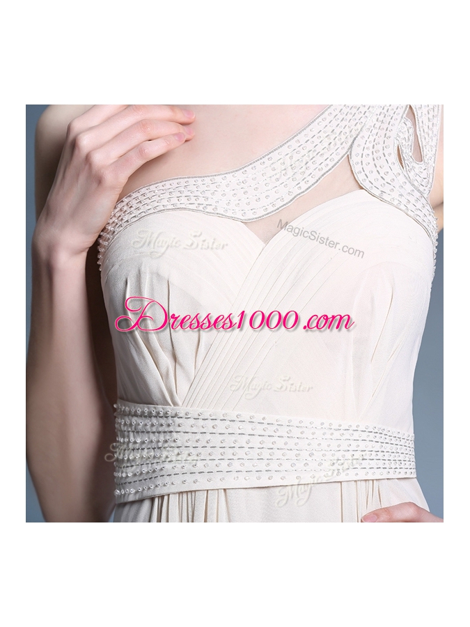 Hot Sale Champagne Chiffon Side Zipper One Shoulder Sleeveless Floor Length Beading and Ruching