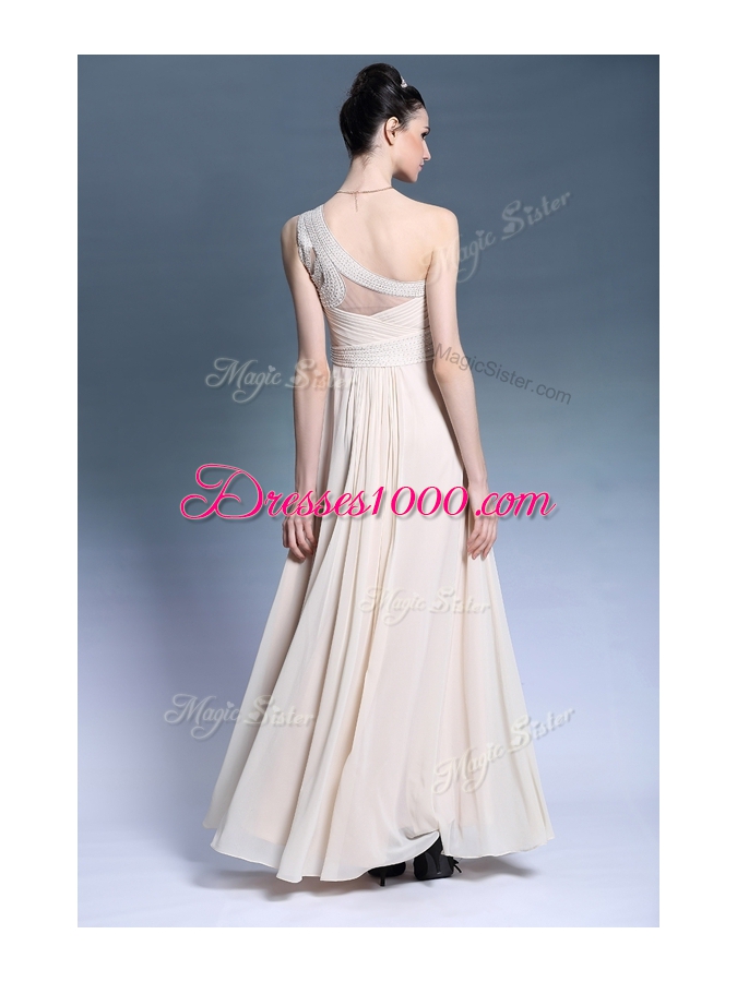Hot Sale Champagne Chiffon Side Zipper One Shoulder Sleeveless Floor Length Beading and Ruching