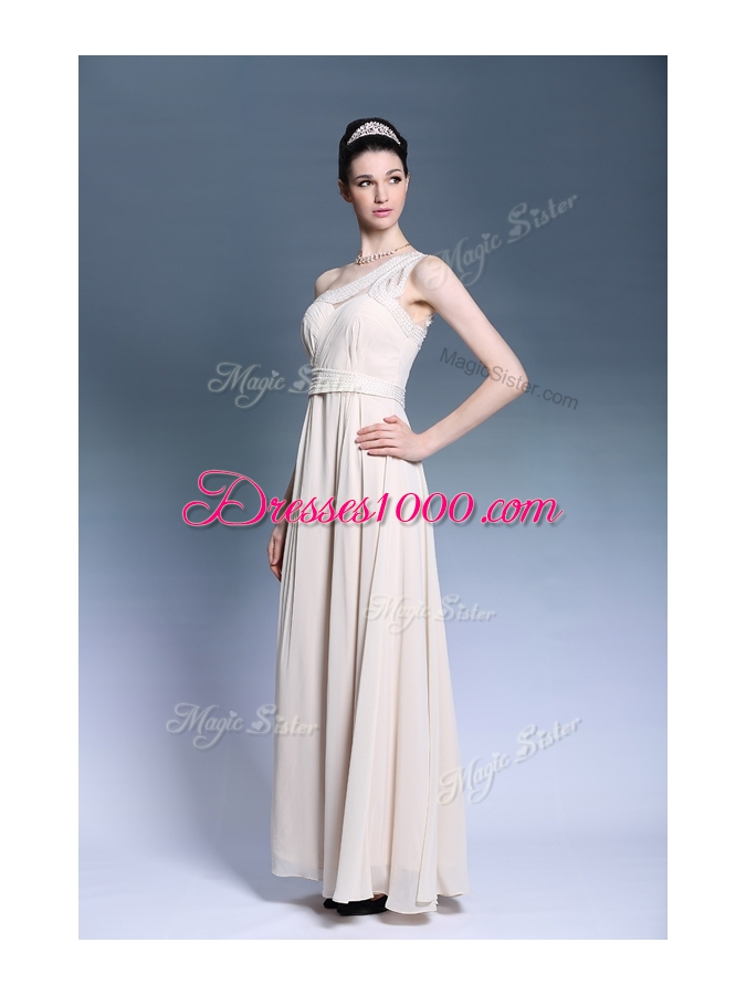 Hot Sale Champagne Chiffon Side Zipper One Shoulder Sleeveless Floor Length Beading and Ruching