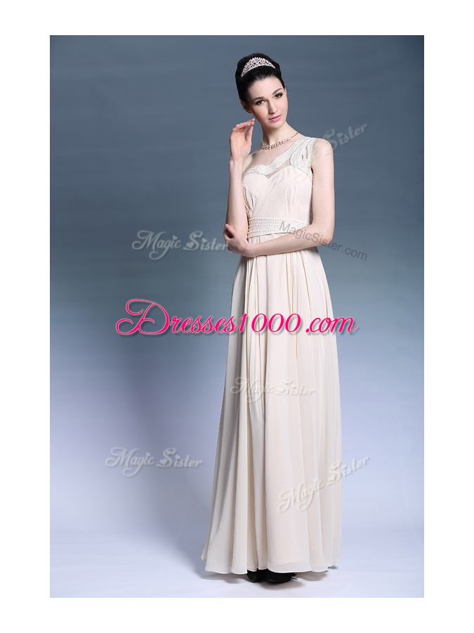 Hot Sale Champagne Chiffon Side Zipper One Shoulder Sleeveless Floor Length Beading and Ruching