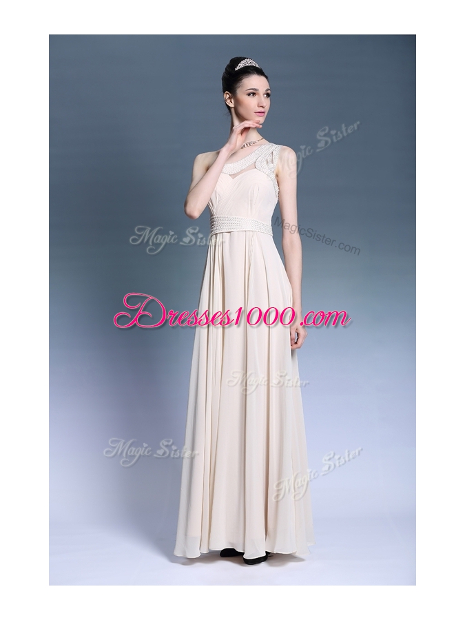 Hot Sale Champagne Chiffon Side Zipper One Shoulder Sleeveless Floor Length Beading and Ruching