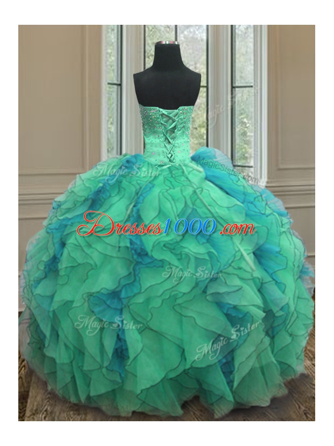 Lovely Sleeveless Lace Up Floor Length Beading and Ruffles Quince Ball Gowns