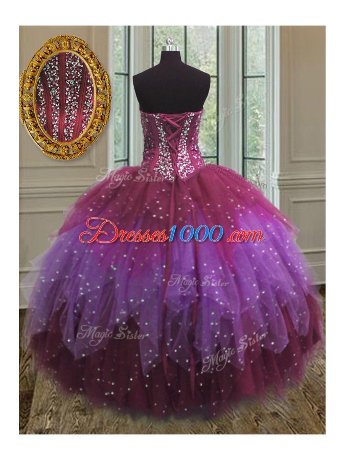 Low Price Three Piece Multi-color Ball Gowns Tulle Sweetheart Sleeveless Beading Floor Length Lace Up Sweet 16 Dresses