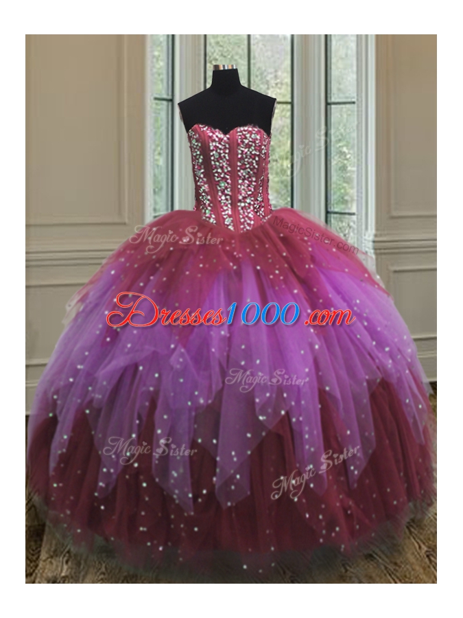 Low Price Three Piece Multi-color Ball Gowns Tulle Sweetheart Sleeveless Beading Floor Length Lace Up Sweet 16 Dresses