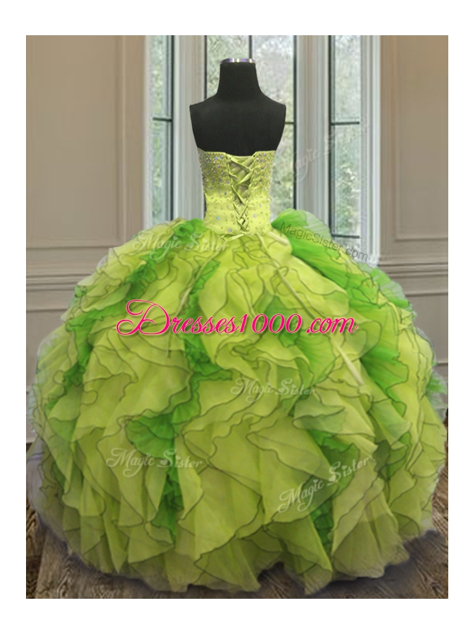 Multi-color Strapless Lace Up Beading and Ruffles Quinceanera Gowns Sleeveless