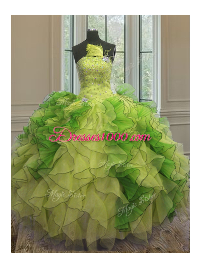 Multi-color Strapless Lace Up Beading and Ruffles Quinceanera Gowns Sleeveless