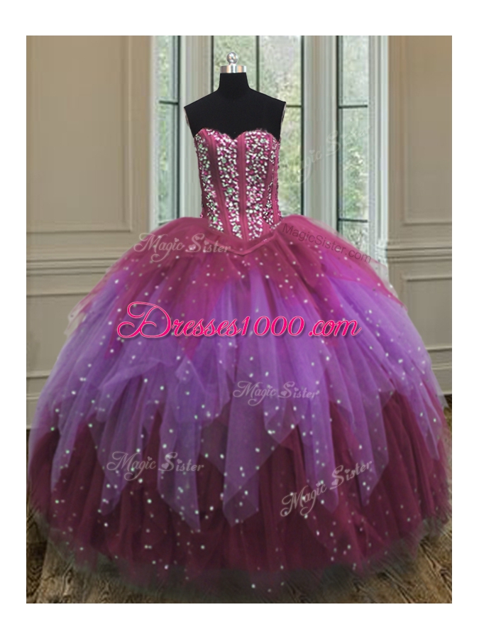 Romantic Multi-color Sweetheart Neckline Beading and Ruffles and Sequins Quinceanera Dress Sleeveless Lace Up