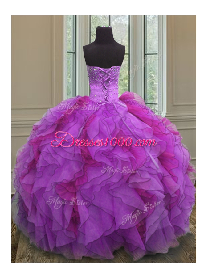 Sweet Floor Length Multi-color Quince Ball Gowns Organza Sleeveless Beading and Ruffles
