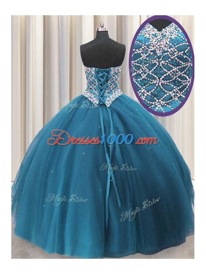 Three Piece Beading and Ruffles Quinceanera Dress Teal Lace Up Sleeveless Floor Length