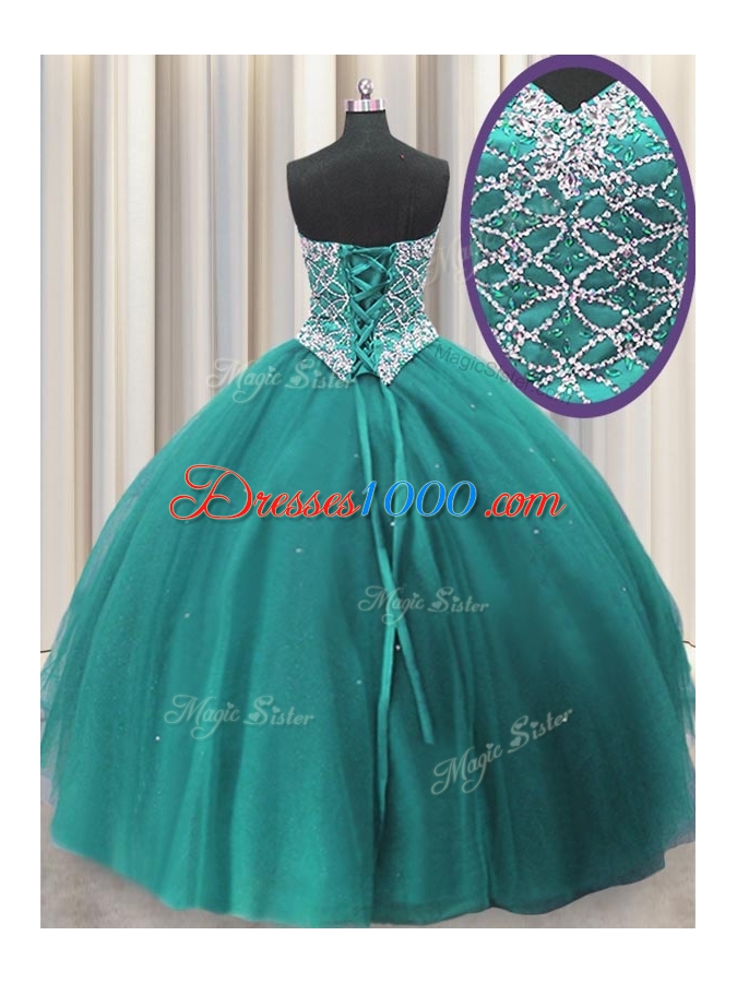 Traditional Three Piece Beading and Sequins Sweet 16 Quinceanera Dress Teal Lace Up Sleeveless Floor Length