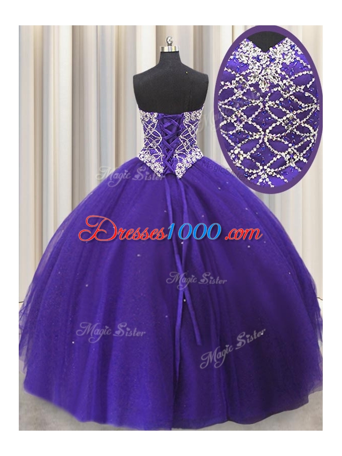 Trendy Three Piece Sweetheart Sleeveless Tulle 15 Quinceanera Dress Beading and Sequins Lace Up