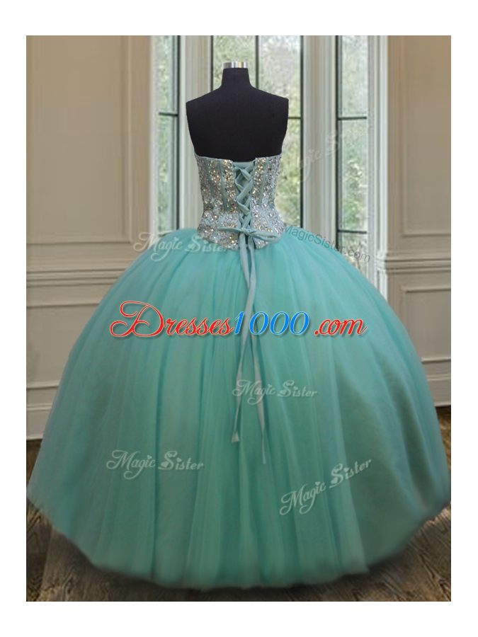 Tulle Sweetheart Sleeveless Lace Up Beading Ball Gown Prom Dress in Apple Green