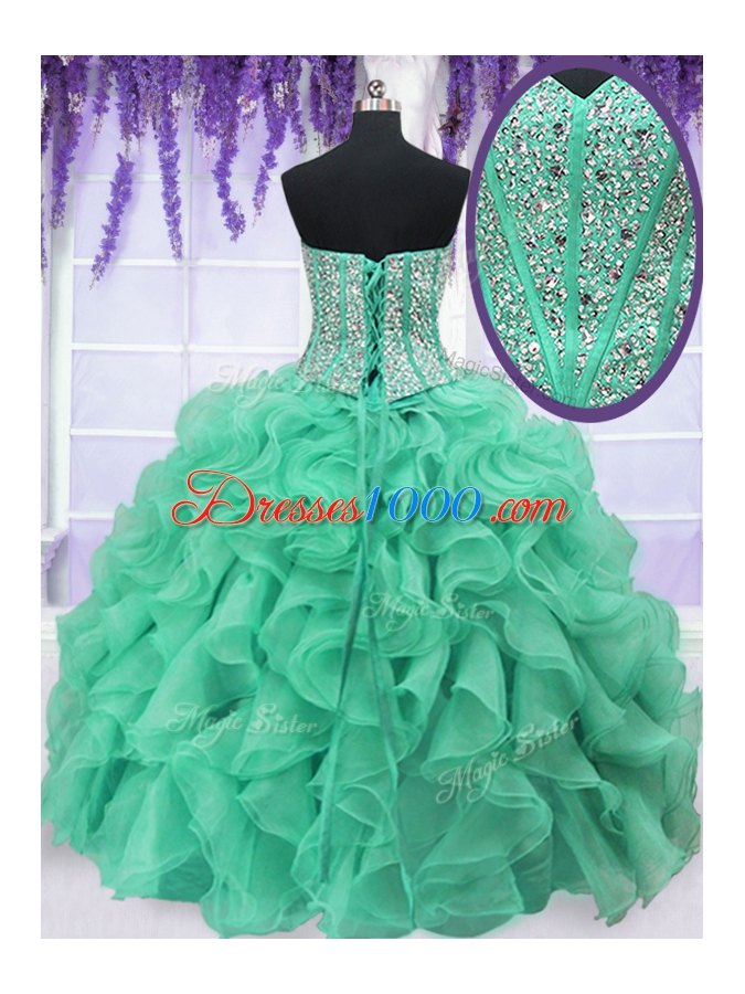 Beading and Ruffles Quinceanera Gowns Turquoise Lace Up Sleeveless Floor Length