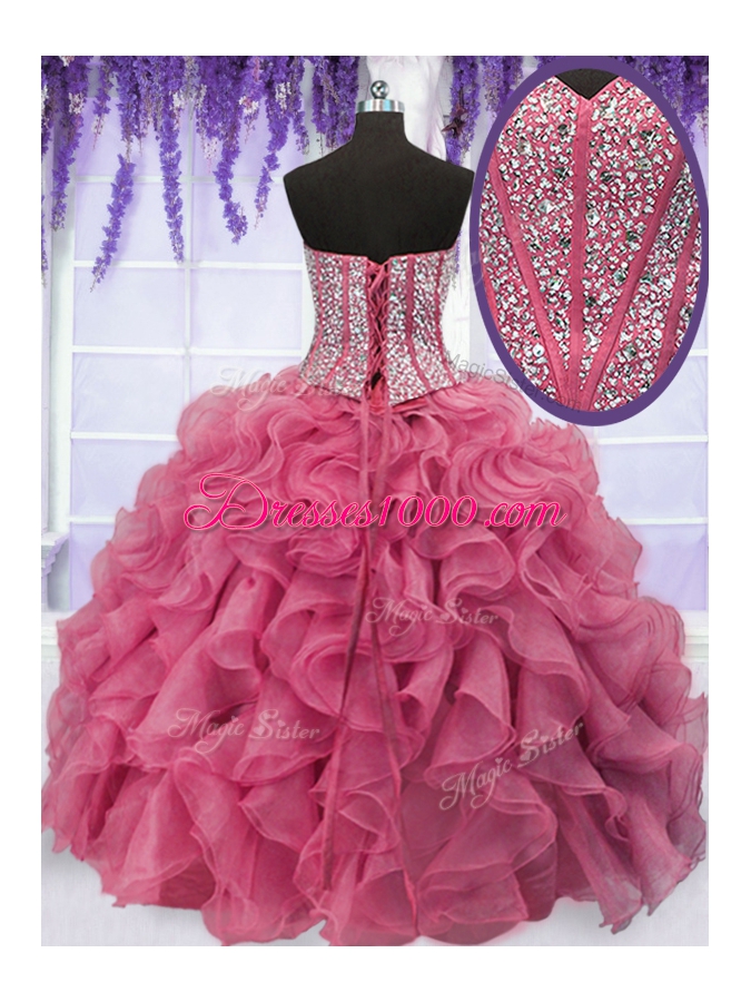 Fantastic Pink Sleeveless Floor Length Beading and Ruffles Lace Up Ball Gown Prom Dress