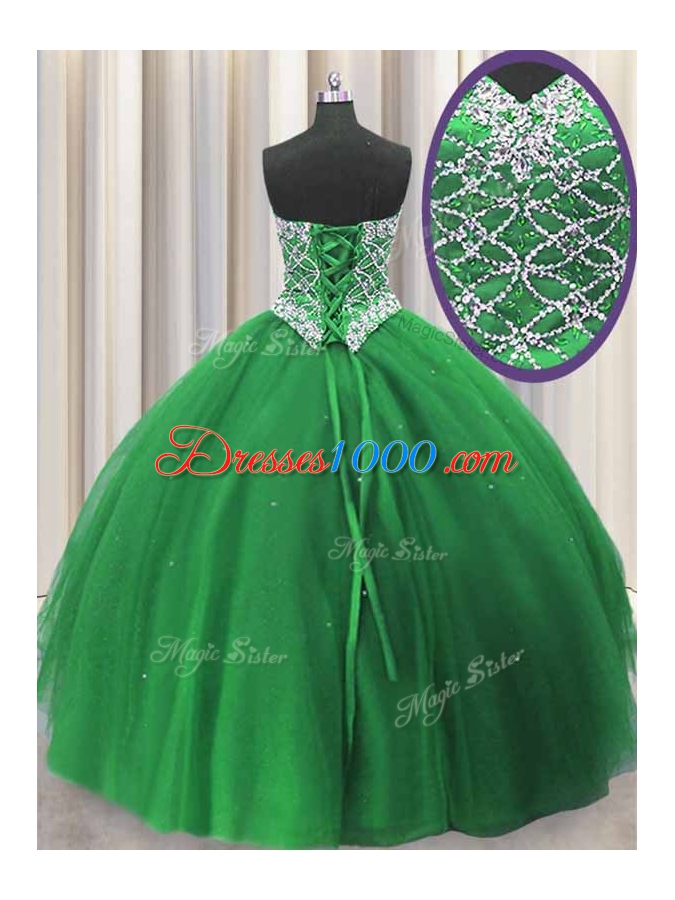 Flare Three Piece Green Tulle Lace Up Sweetheart Sleeveless Floor Length Sweet 16 Dresses Beading and Sequins