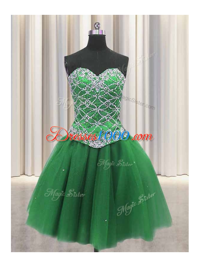 Flare Three Piece Green Tulle Lace Up Sweetheart Sleeveless Floor Length Sweet 16 Dresses Beading and Sequins