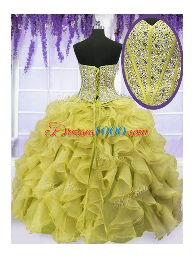 Gold Sleeveless Floor Length Beading and Ruffles Lace Up Quinceanera Dress