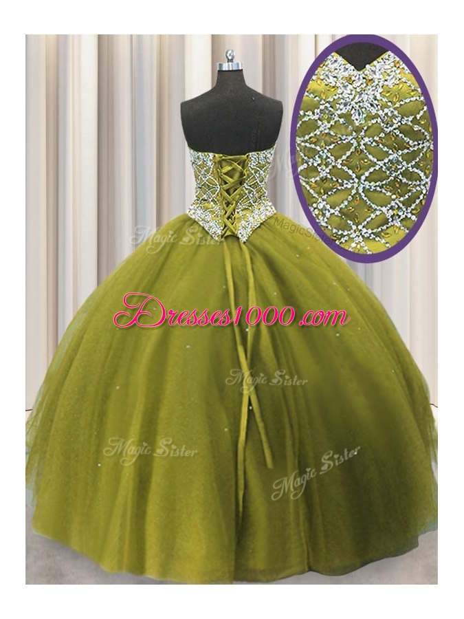 High Class Three Piece Tulle Sleeveless Floor Length Quinceanera Dress and Beading and Sequins