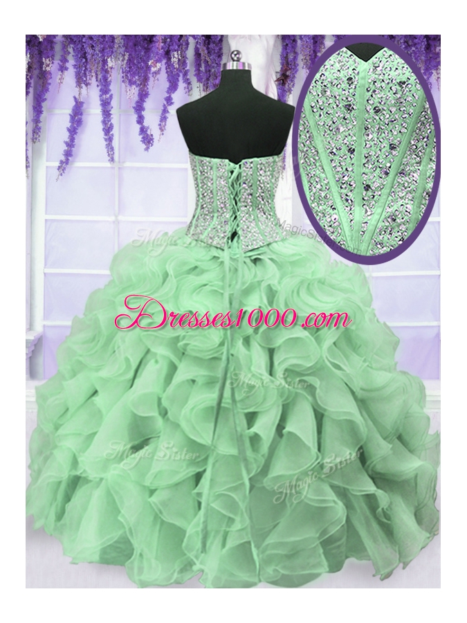 Modern Apple Green Organza Lace Up Sweetheart Sleeveless Floor Length Sweet 16 Quinceanera Dress Beading and Ruffles