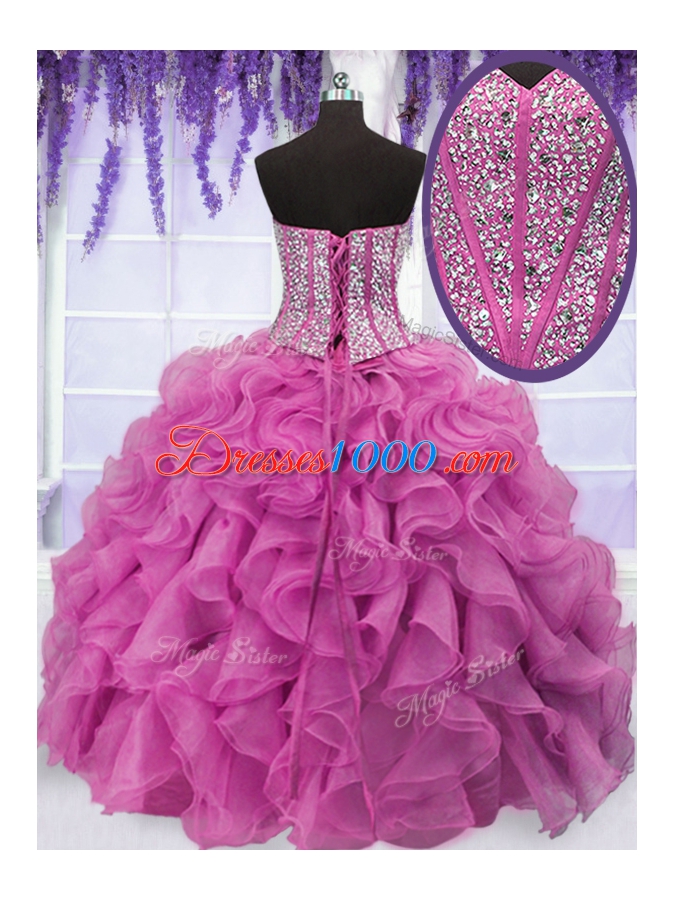 Spectacular Hot Pink Ball Gowns Beading and Ruffles Vestidos de Quinceanera Lace Up Organza Sleeveless Floor Length