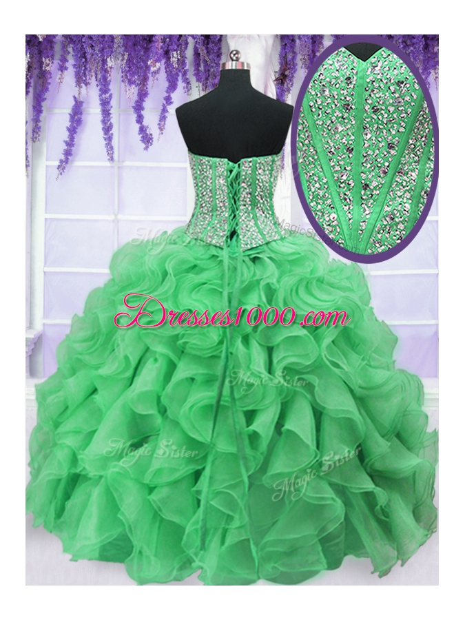 Sweetheart Sleeveless 15 Quinceanera Dress Floor Length Beading and Ruffles Green Organza