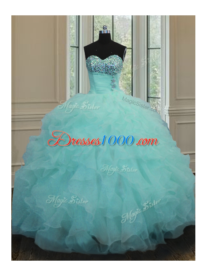 Aqua Blue Ball Gown Prom Dress Military Ball and Sweet 16 and Quinceanera and For with Beading and Ruffles Sweetheart Sleeveless Lace Up
