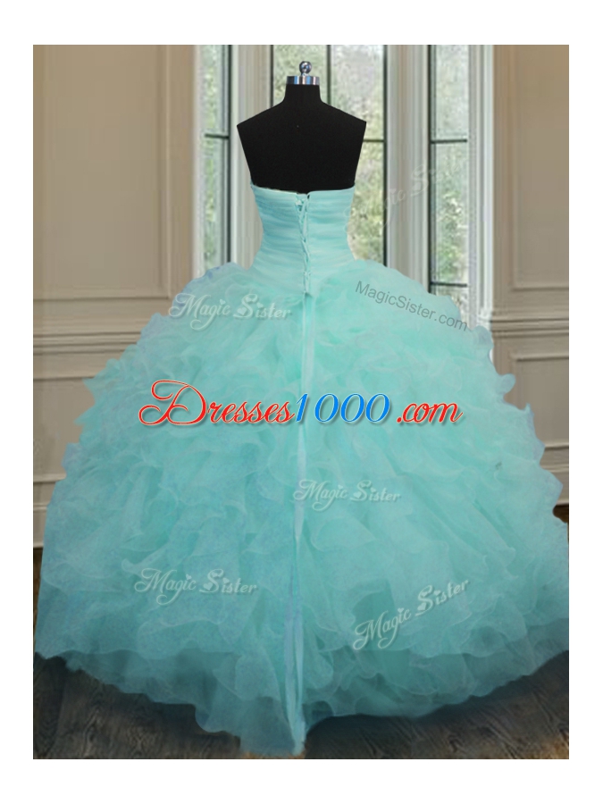 Aqua Blue Ball Gown Prom Dress Military Ball and Sweet 16 and Quinceanera and For with Beading and Ruffles Sweetheart Sleeveless Lace Up