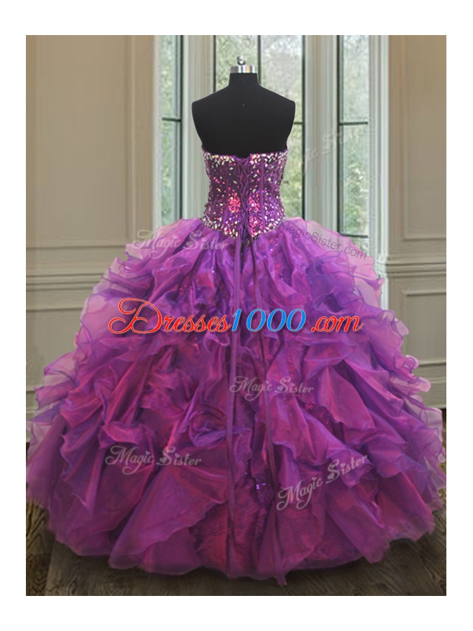 Blue Organza Lace Up Quinceanera Gown Sleeveless Floor Length Beading and Ruffles