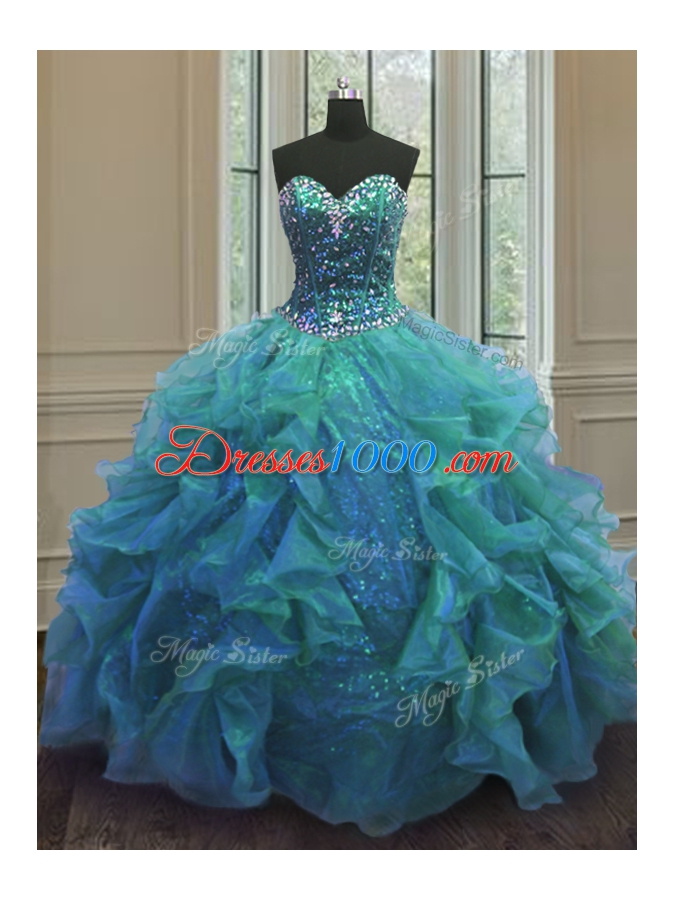 Blue Organza Lace Up Quinceanera Gown Sleeveless Floor Length Beading and Ruffles