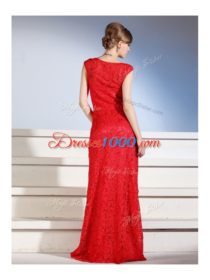 Captivating Red Column/Sheath Bateau Sleeveless Lace Floor Length Side Zipper Lace Dress for Prom