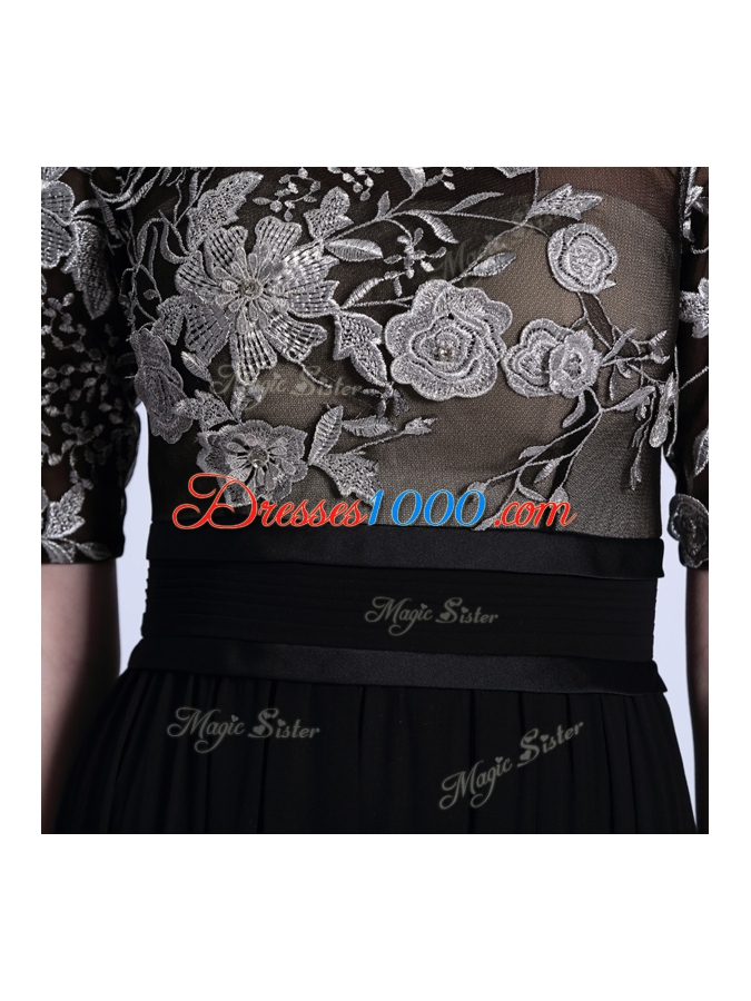 Customized Scoop Floor Length Black Evening Dress Chiffon Half Sleeves Beading and Appliques