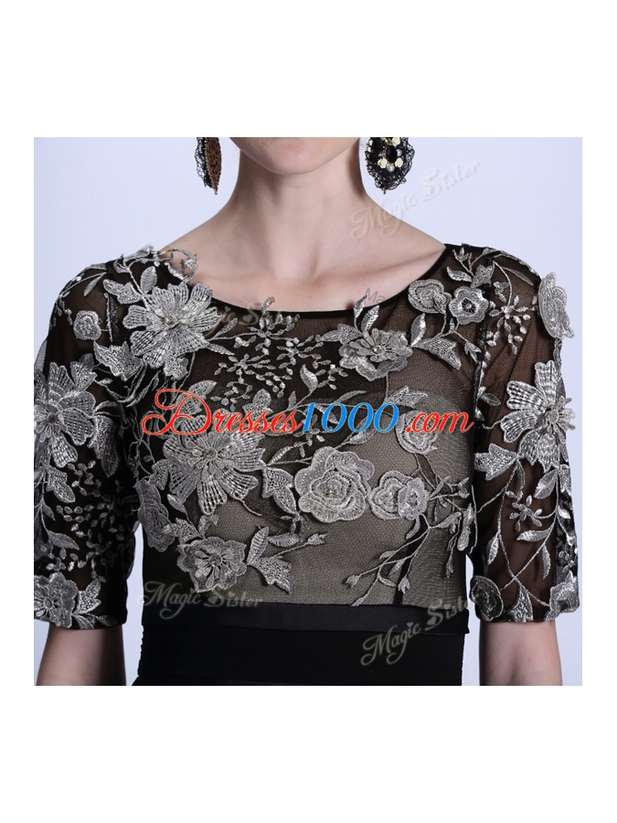 Customized Scoop Floor Length Black Evening Dress Chiffon Half Sleeves Beading and Appliques