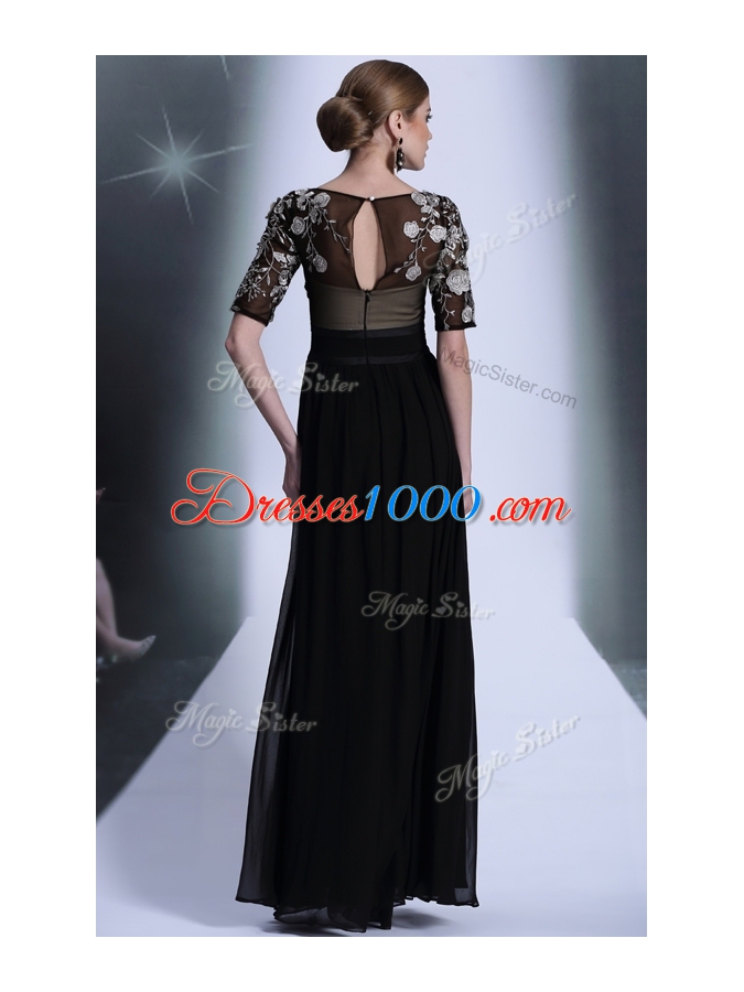 Customized Scoop Floor Length Black Evening Dress Chiffon Half Sleeves Beading and Appliques