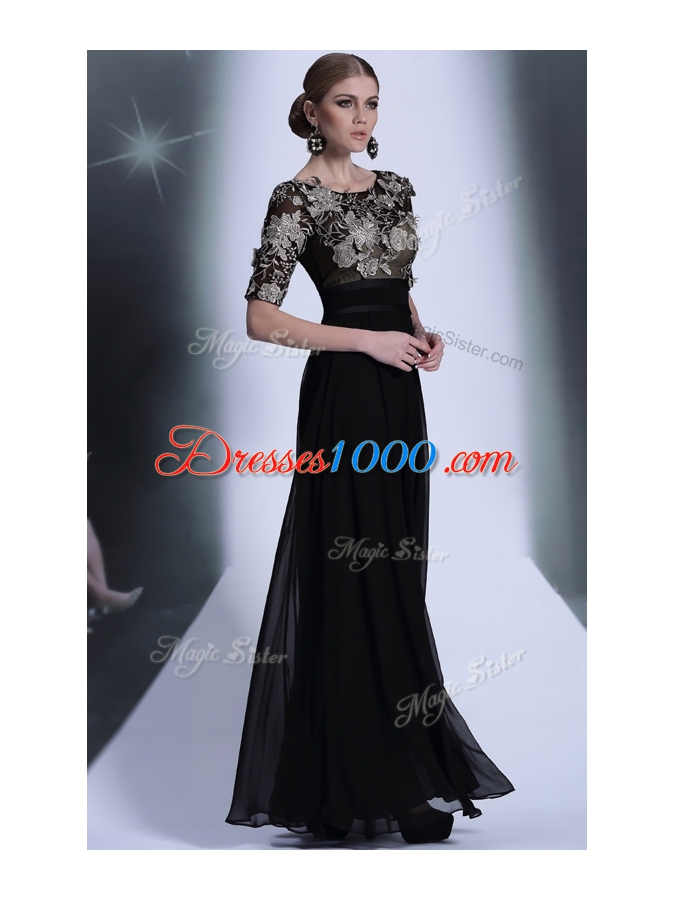 Customized Scoop Floor Length Black Evening Dress Chiffon Half Sleeves Beading and Appliques