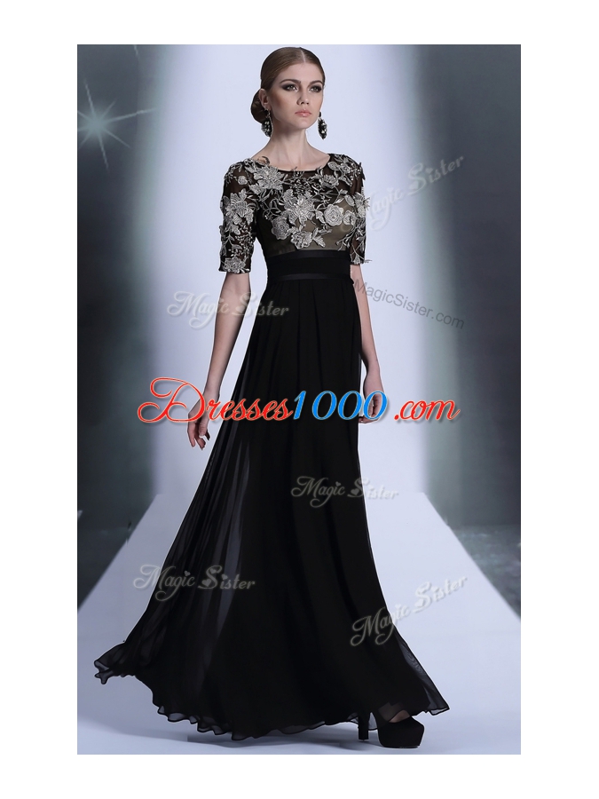Customized Scoop Floor Length Black Evening Dress Chiffon Half Sleeves Beading and Appliques