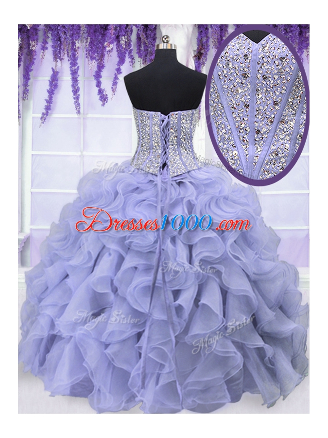 Exquisite Four Piece Lavender Sweetheart Neckline Ruffles and Sequins Vestidos de Quinceanera Sleeveless Lace Up