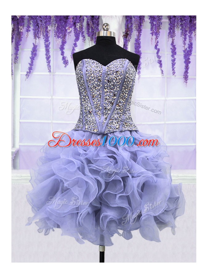 Exquisite Four Piece Lavender Sweetheart Neckline Ruffles and Sequins Vestidos de Quinceanera Sleeveless Lace Up