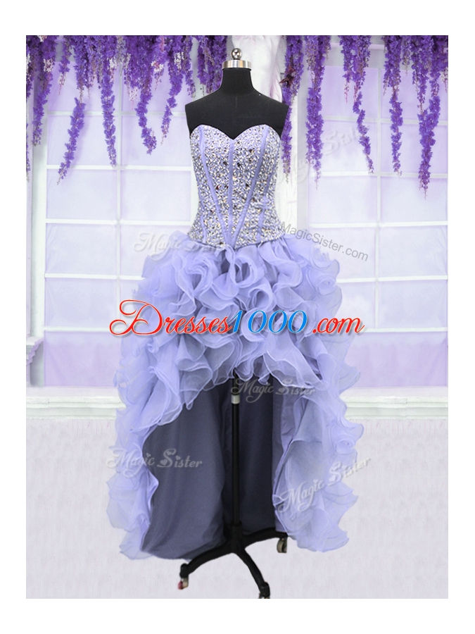 Exquisite Four Piece Lavender Sweetheart Neckline Ruffles and Sequins Vestidos de Quinceanera Sleeveless Lace Up